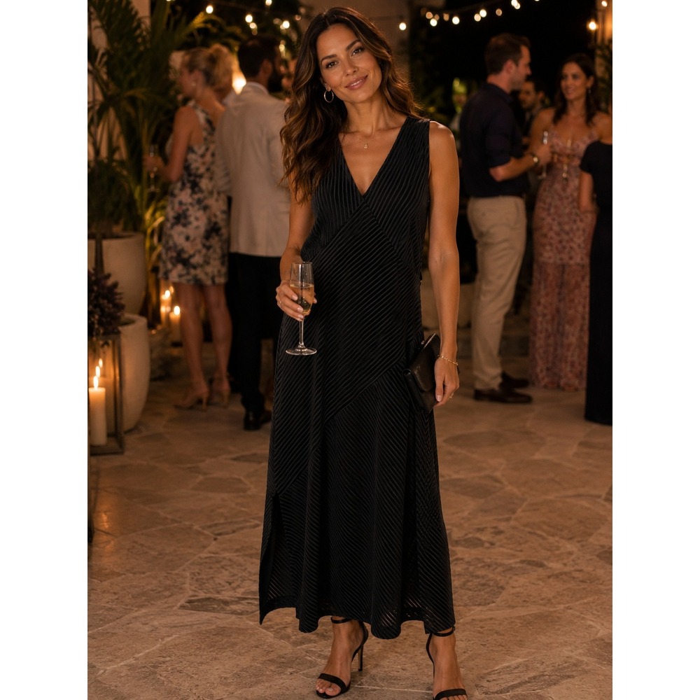 Hutch Black Textured‎ Pleated V-Neck Sleeveless Midi Dress XL Cocktail Evening